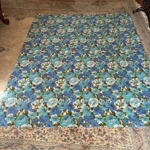 Vintage 1970s Handmade Quilt Blue Cabbage Roses Twin Size